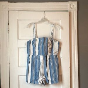 Striped spaghetti strap romper with button detail